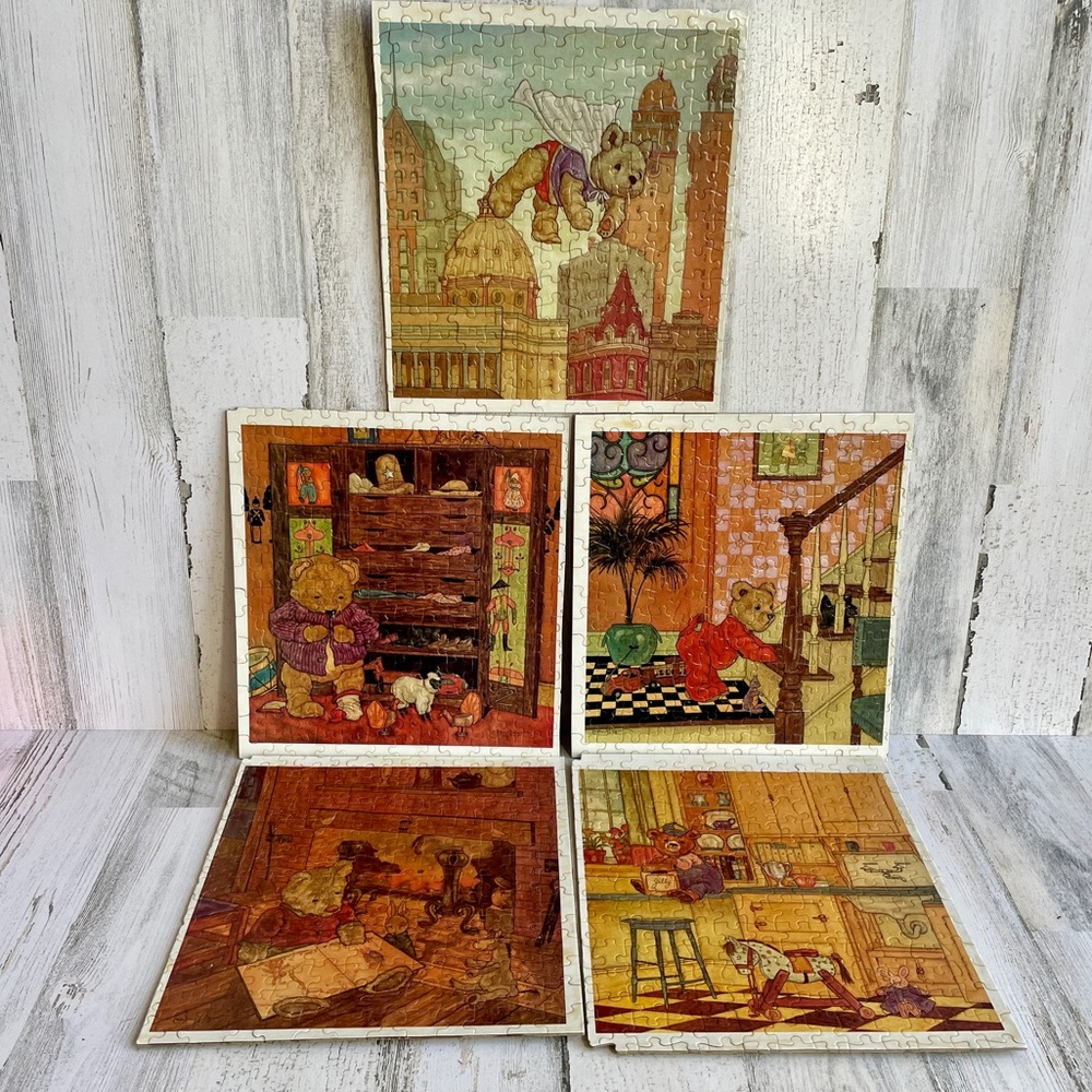 5 VINTAGE PUZZLE ART BEARS KIDS ROOM NURSERY DECOR UNIQUE CHARMING CUTE CA…